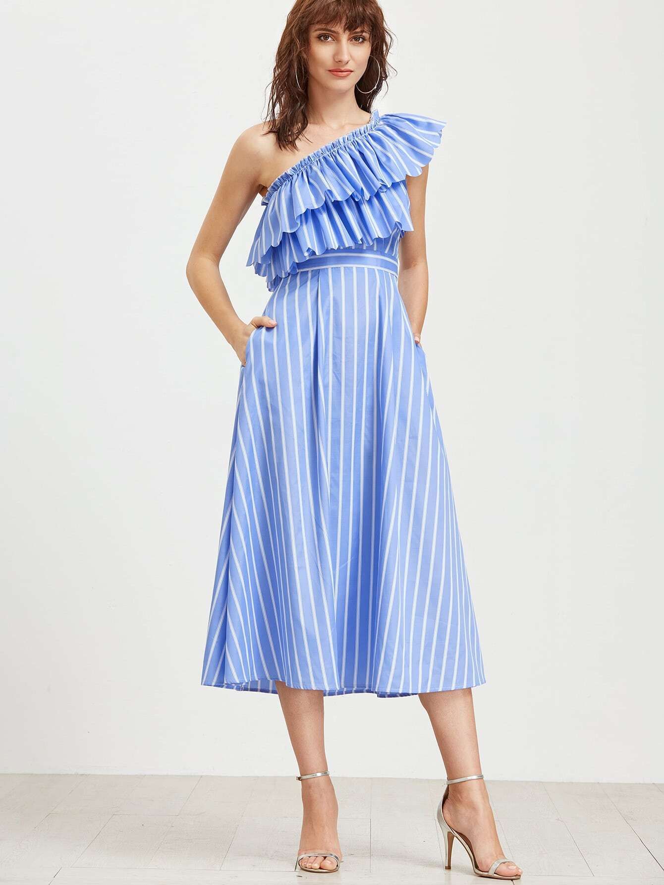Oblique Shoulder Vertical Striped Layered Frill Dress | SHEIN