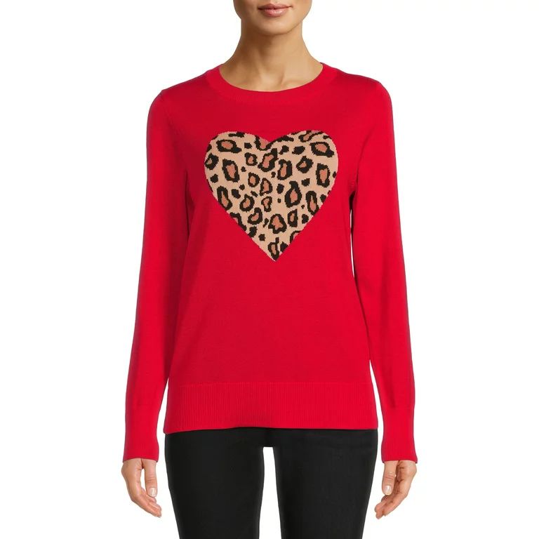 Time and Tru Women's Red Leopard Heart Sweater | Walmart (US)
