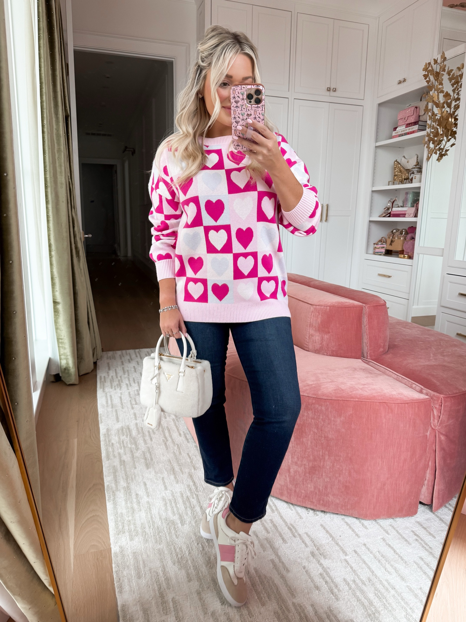 Size small sweater 
Jeans run TTS 
Tennis shoes run TTS - so comfy! 

#LTKValentine #LTKPetite #LTKootd