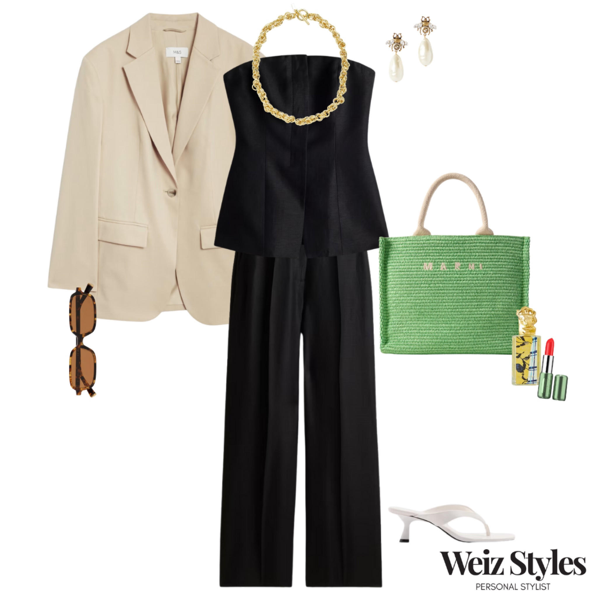 Who’s ready for the weekend? ✨🥂 it is set to be a scorcher and this fab outfit won’t let you down! 

Got to love this chic all black co-ord effortlessly paired with a neutral blazer, gold jewellery and fun green bag 💃🏻

I can help you on your style journey, head to www.weizstyles.com to find out more 💖

Louise x

Personal stylist, styling, ootd, neutral aesthetic, London, Weiz styles, shopping, outfit of the day, uk, confident, handbag, bag, perfume, fragrance, lipstick, lip, elevate you style, feel good, flat lay, shopping, black, co ord, set, matching, linen, Friday, Saturday, weekend, chic, cool, elevated, elegant, luxury, feminine, elongate, shop, blazer, just tall, green, pop of colour, sunglasses, heels, kitten heels, sandals, shoes, white, marni, designer, high street, pearls, gold, earrings, bandeau, sleeveless, necklace, chain, net a porter, H&M, mango, cos, gucci, bees, cool

#LTKpartywear #LTKuk #LTKstyletip
