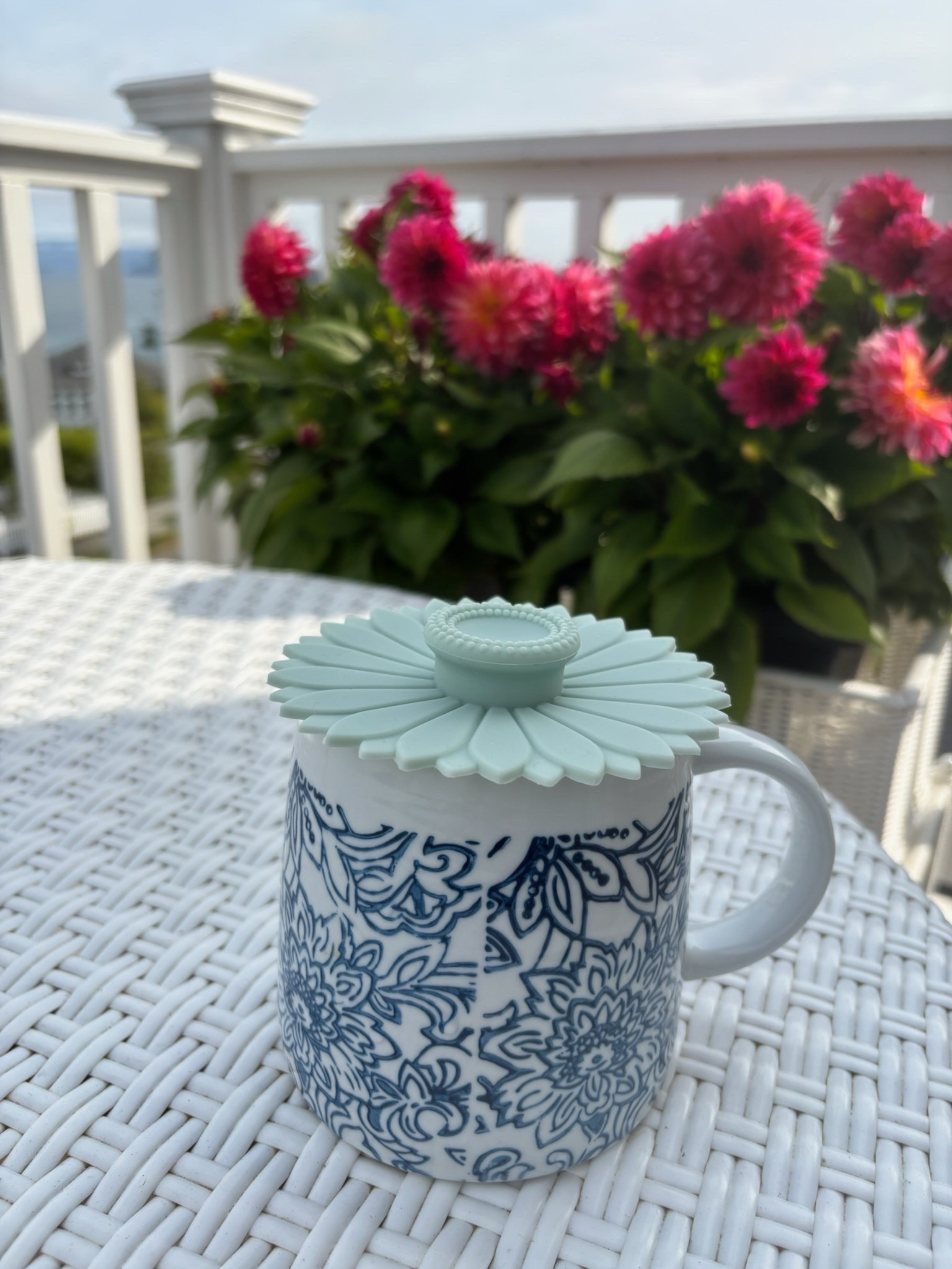 found the best mug accessory! I love these little silicone flower lids. They keep my coffee hot and keeps any bugs out while I’m working or sitting outside!

Flower silicone mug cover and blue and white mug, planter, outdoor table 

#LTKSeasonal #LTKStyleTip #LTKHome