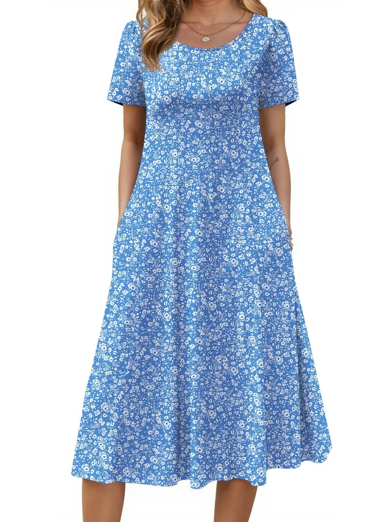 Fantaslook Summer Dresses for Women Casual Short Sleeve Pleated Dress Flowy Floral Dress with Poc... | Walmart (US)