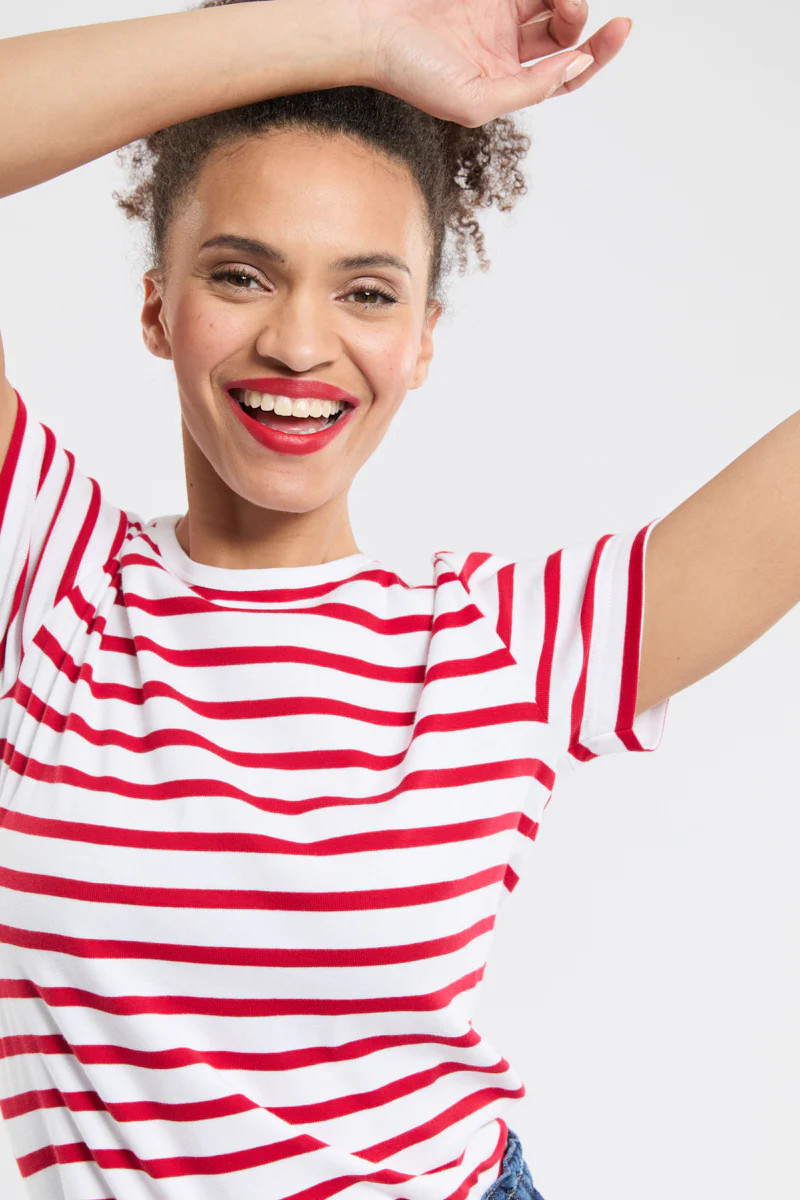 Kurzarm Shirt im Marine-Stil „Morgat - aus Baumwolle - Damen - BLANC/BRAISE | Armor-lux (DE)