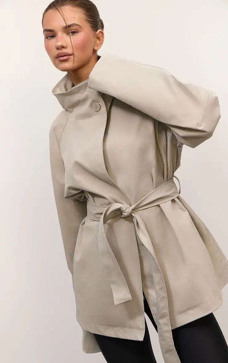 Beige Asymmetric Tie Waist Trench | PrettyLittleThing US