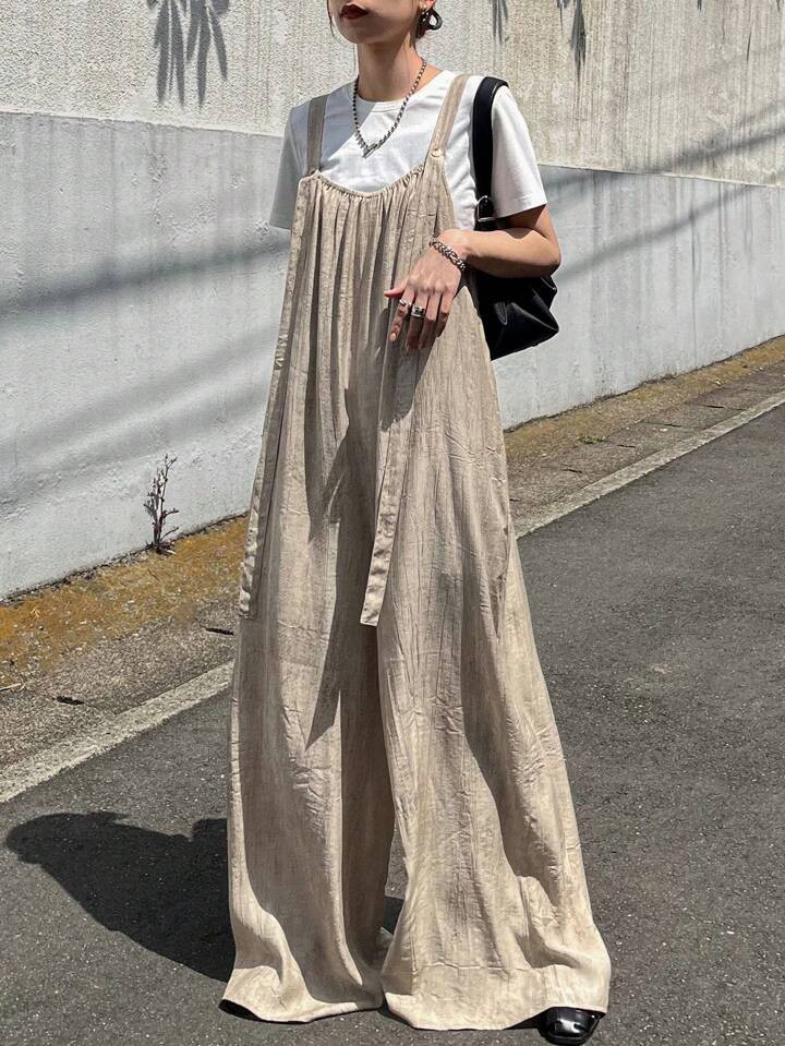 FRIFUL Women's Khaki Color Suspender Wide Leg Jumpsuit, Summer Outfit | SHEIN