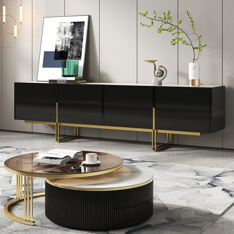 2200mm Minimalist 78.7" Black TV Stand Stone Top Media Console 4 Doors 6 Shelves | Homary