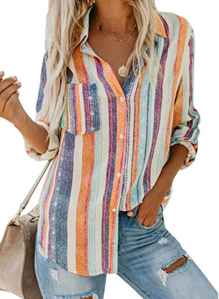 Beautife Womens V Neck Striped Button Down Collared Roll up Sleeve Casual Tunic Shirt Blouse Tops | Amazon (US)