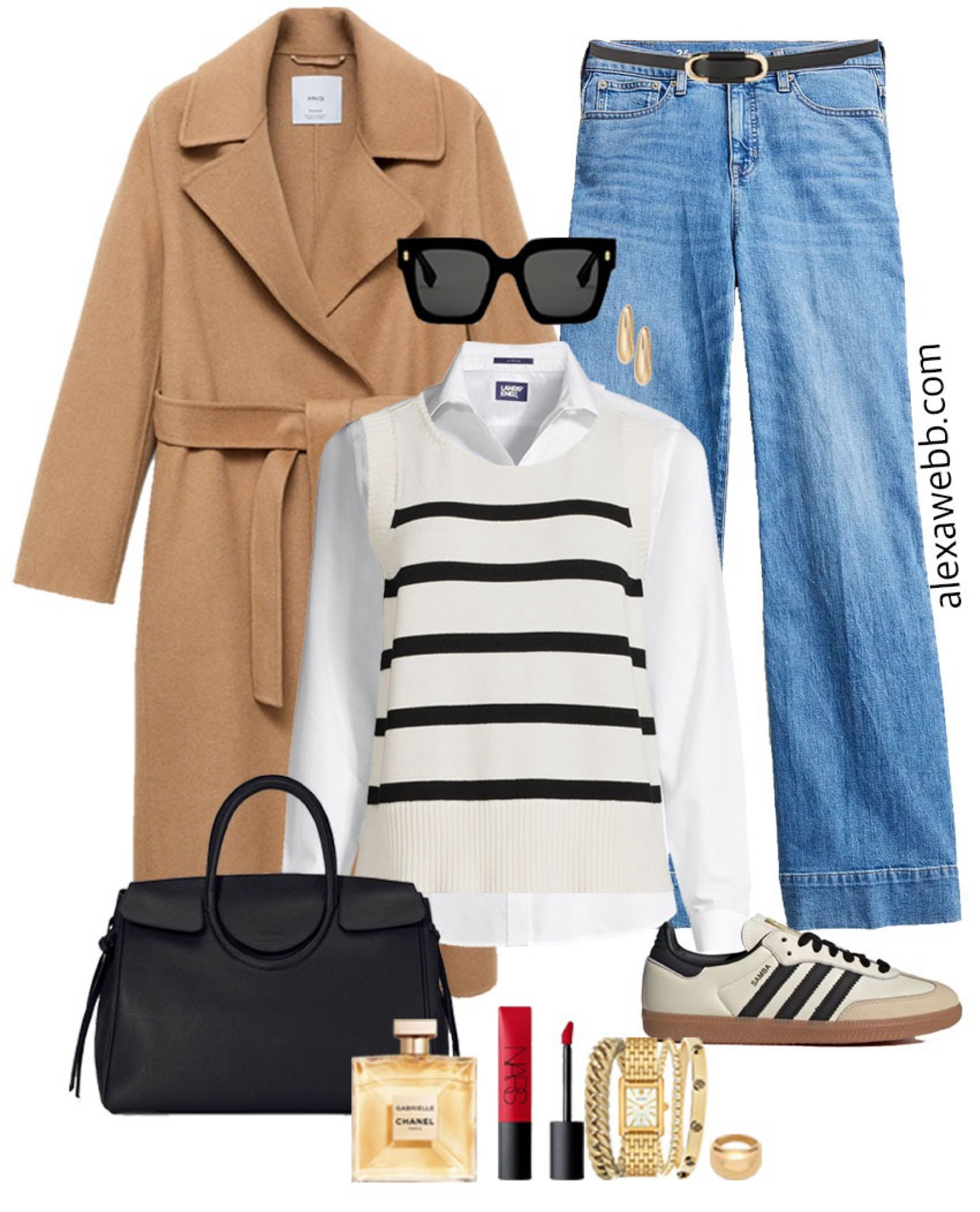 Plus Size Striped Sweater Vest Outfits - A plus size casual outfit for winter into spring with a striped sweater vest, camel coat, flare jeans, and adidas sneakers. Alexa Webb #plussize

#LTKSeasonal #LTKStyleTip #LTKPlusSize