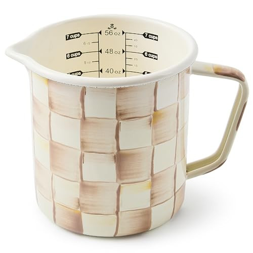 MACKENZIE-CHILDS Enamel Measuring Cup, Cute Measuring Cup with Pour Spout, 7-Cup Capacity, Brown-and-White Mocha Check | Amazon (US)