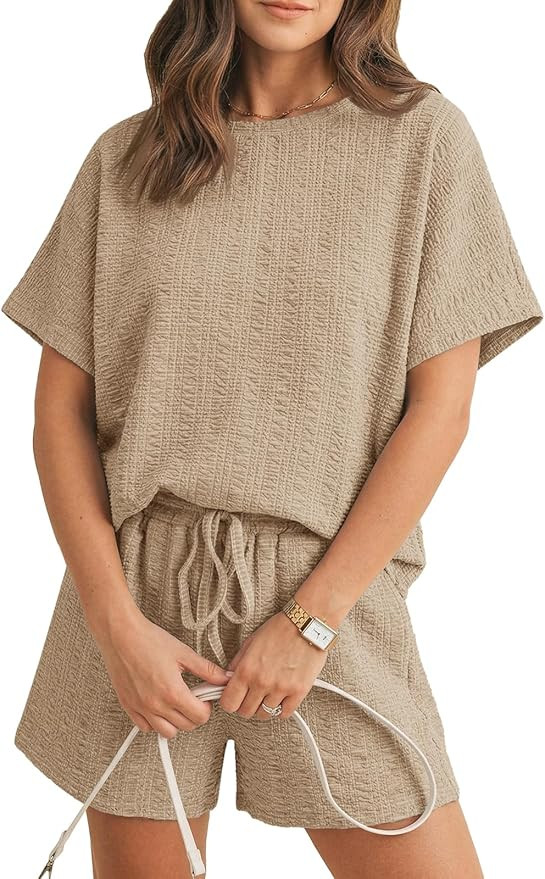 Tankaneo Womens 2 Piece Outfits Shorts Set Summer Casual Short Sleeve Crew Neck Textured T Shirts... | Amazon (US)