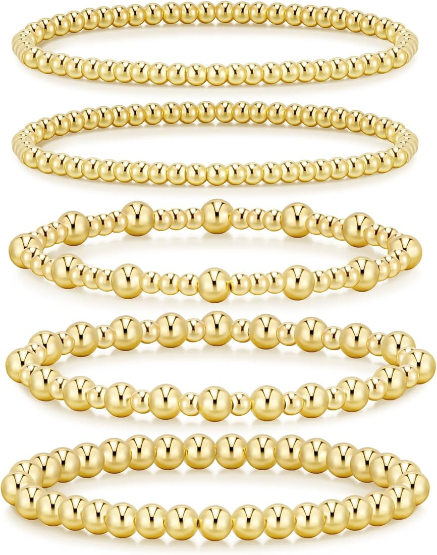 adoyi Gold Bracelets for Women, 14K Gold Plated Beaded Bracelets Gold Strand Bead Ball Bracelet s... | Amazon (US)