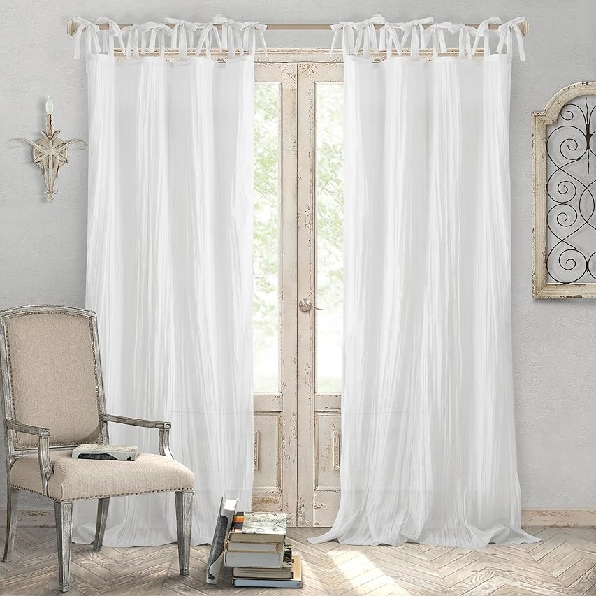 Central Park White Tie Top Curtain Semi Sheer Window Treatment Linen Textured Decorative for Living  | Amazon (US)