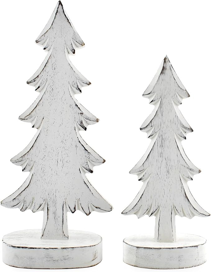 AuldHome Design Wooden Christmas Trees (Set of 2, Distressed White); Tabletop Handmade Mango Wood... | Amazon (US)