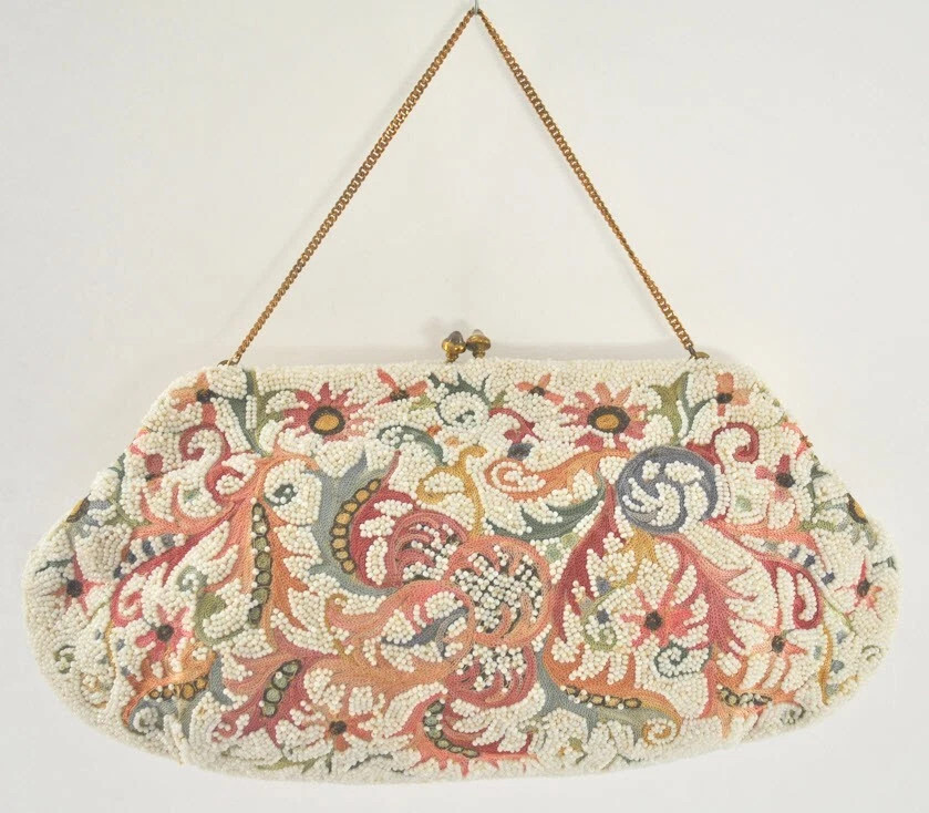 Josef France Hand Beaded and Embroidered Handbag 1960's Silk Lining Gold Chain | eBay US