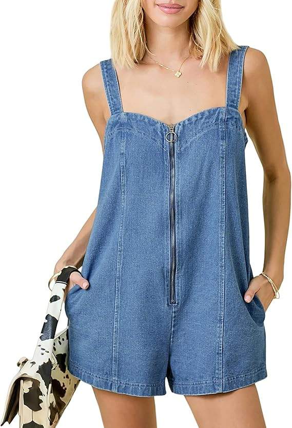 PHISOCKAT Denim Overall Shorts for Women Zip-Front Loose Fit Overalls Adjustable Straps Jean Romp... | Amazon (US)