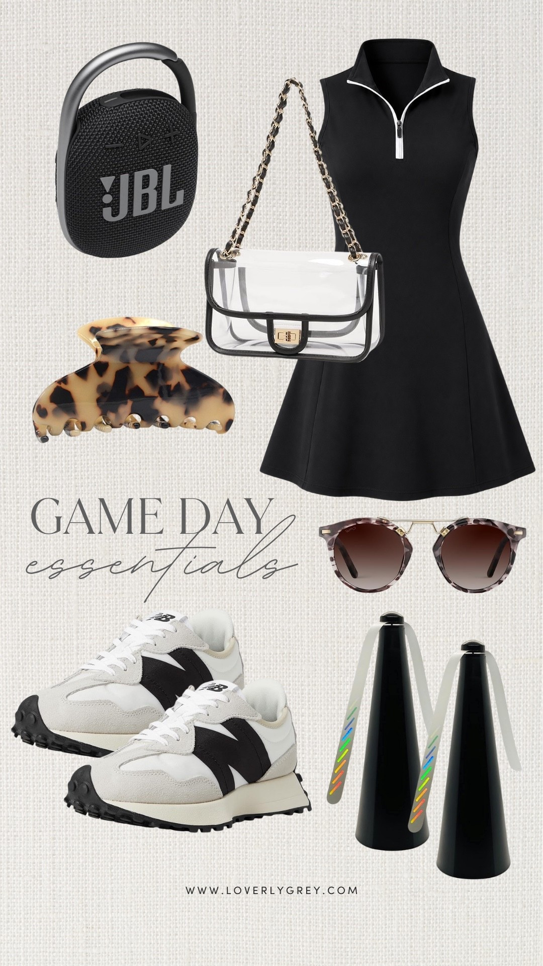 Game day outfit essentials featuring a black athletic dress, New Balance sneakers, clear stadium bag, tortoise sunglasses, claw clip and portable speaker. Sporty finds that are perfect for football games, tailgates and college game days!

#LTKActive #LTKSeasonal
