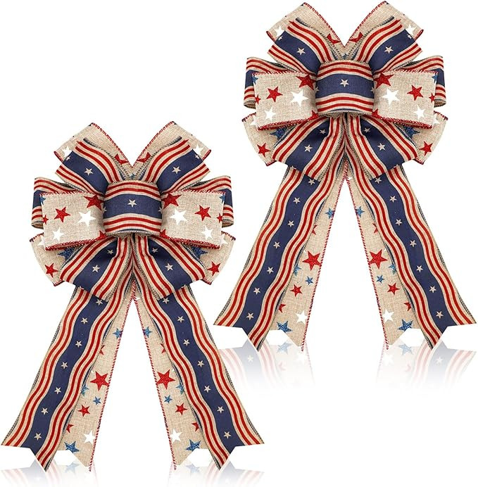 2 Pcs Memorial Day Bows 4th of July Patriotic Burlap Bow Red White Blue Stars Tree Topper America... | Amazon (US)