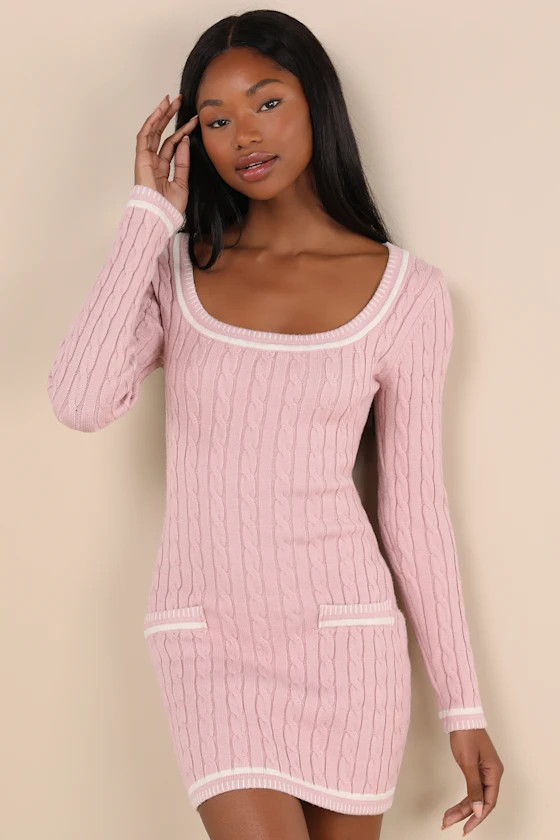 Autumn Concept Pink Cable Knit Sweater Mini Dress | Lulus