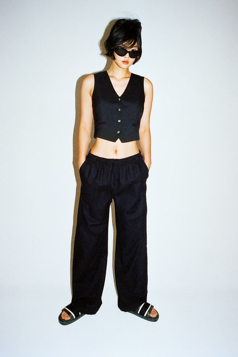 Linen-blend trousers - Regular waist - Long - Black - Ladies | H&M GB | H&M (UK, MY, IN, SG, PH, TW, HK)