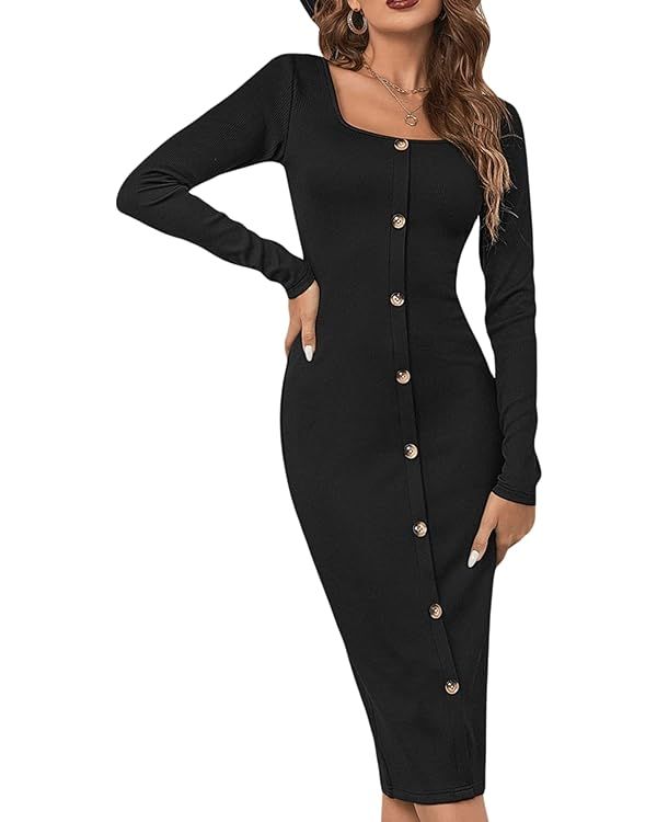 Verdusa Women's Button Front Square Neck Long Sleeve Short Pencil Bodycon Dress | Amazon (US)
