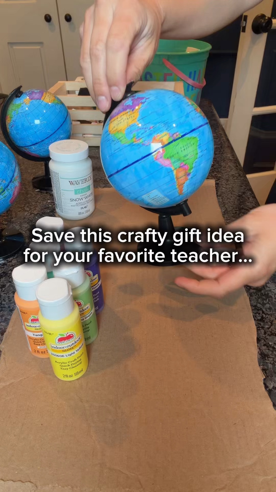 I wanted to make something a little different for Teacher Appreciation this year, so I turned these mini globes into custom hand-painted gifts! 
How I made them:
 1️⃣ I started with a coat of Waverly Chalk Paint in Snow White to fully cover the original globe
 2️⃣ Once dry, I used a variety of Apple Barrel paints to add bright, fun colors and paint simple floral designs
 3️⃣ Then I used Apple Barrel paint pens to write each teacher’s name for a personalized touch
They’re such a cute little keepsake for a teacher’s desk and feel so much more special than a store-bought gift.
If you love giving something handmade and meaningful, this is such a fun one to try.
If you want the full tutorial + supply list, comment GLOBE and I’ll send it to you 🌍
@Plaid Crafts  @walmart #ad #MakeItWithWalmart #PlaidCrafts


#LTKHome