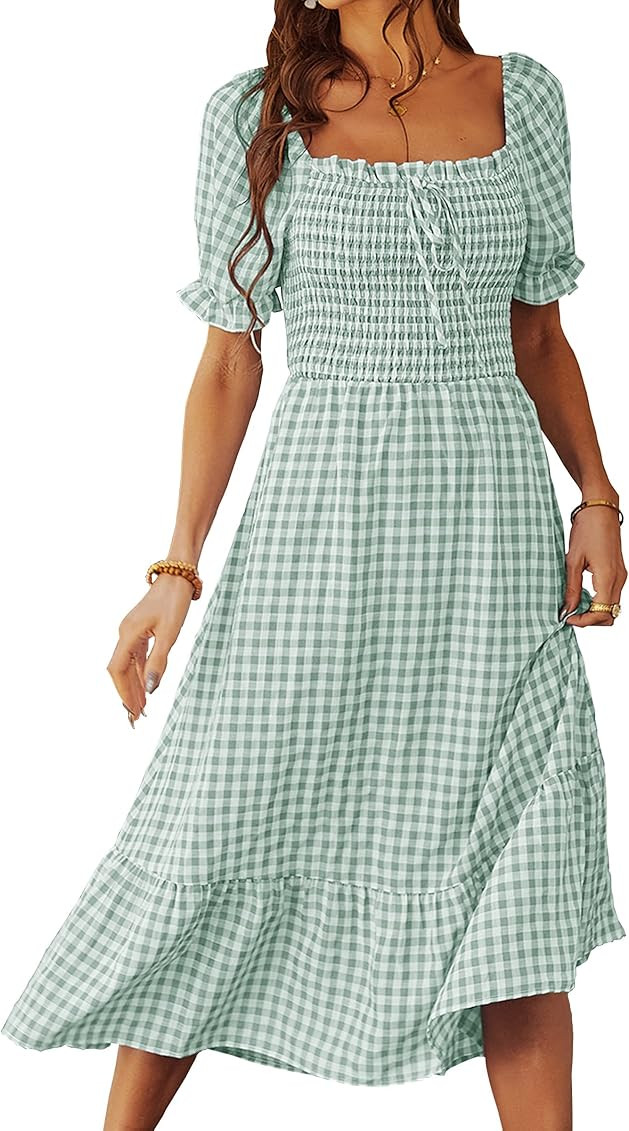 AOVDE Women's Long Sleeve Dress Square Neck Solid Color High Waist Casual Elegant Ruffled Party Flow | Amazon (US)