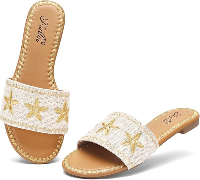 katliu Women's Flat Sandals, Boho Embroidery Floral Sandals, Vacation Slide Sandals | Amazon (US)