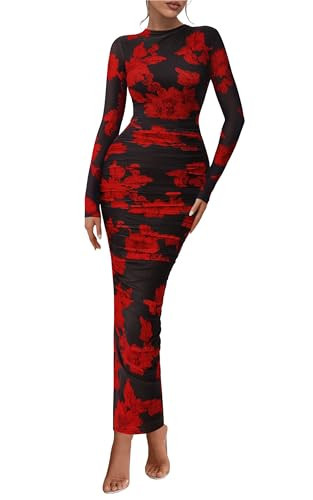 PRETTYGARDEN Women's Long Sleeve Maxi Dress 2025 Fall Ruched Bodycon Floral Mesh Formal Wedding Guest Cocktail Party Dresses (Black Red Flower,L) | Amazon (US)