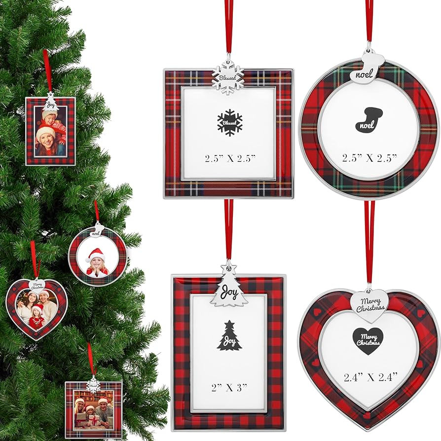 Fovths 4 Pieces Christmas Photo Frame Picture Ornament Red Buffalo Plaid Xmas Gifts Pendant Photo... | Amazon (US)