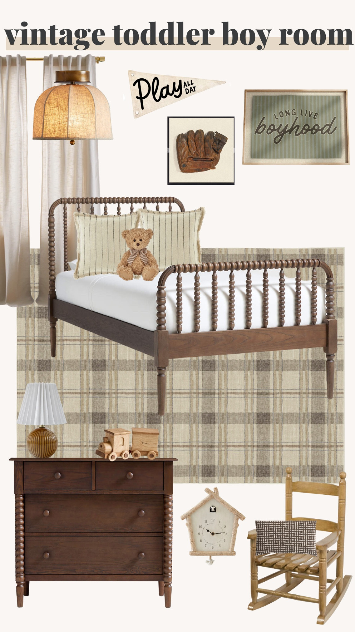 Vintage toddler boy room! 



Cottage core, rug, teddy bear, bed,  bedding, dresser, curtains, wall art, chair, lamp 

#LTKBaby #LTKKids #LTKHome