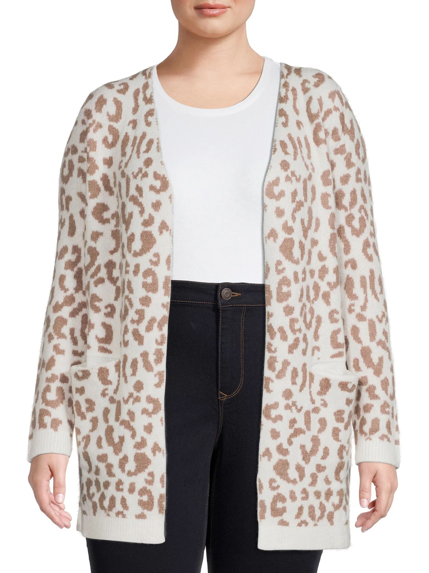 Absolutely Famous Women's Plus Size Leopard Print Jacquard Cardigan | Walmart (US)