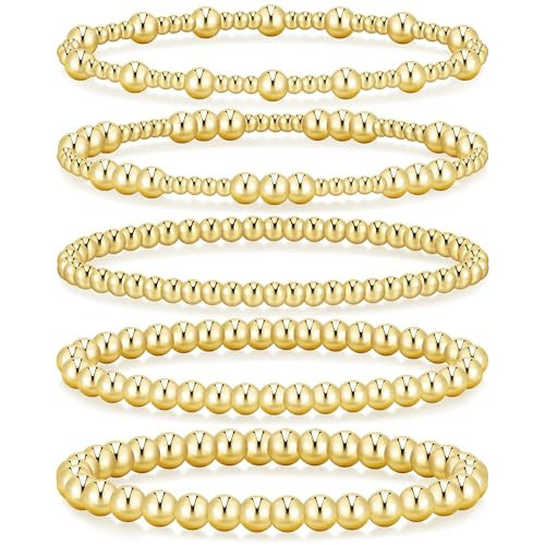 Gold Bead Bracelet Set for Women, 14K Gold Plated Strand Stretch Bracelet Stack, 5 Pcs Elastic Beaded Bracelet 3/4/5/6mm | Amazon (US)