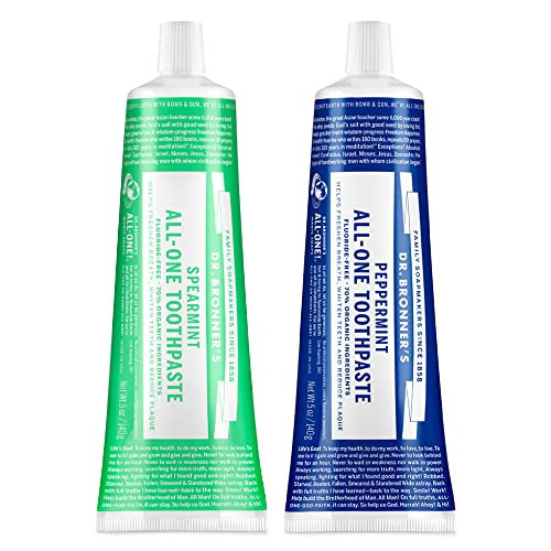 Dr. Bronner’s - All-One Toothpaste Variety Pack - Peppermint & Spearmint, 70% Organic Ingredients, Fluoride-Free, Helps Freshen Breath, Vegan (5oz, 2-Pack) | Amazon (US)