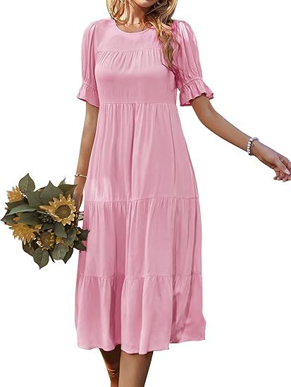 GAOVOT Women's Summer Casual Plain Simple Dresses Ruffle Puff Short Sleeve Loose Tunic Dress Flow... | Amazon (US)