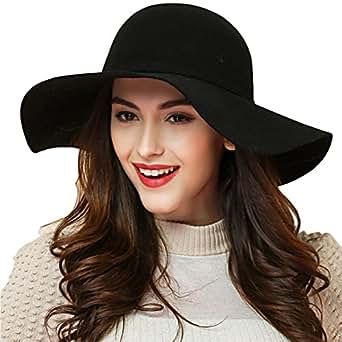 Promini Women's Fedora Hat Wide Brim Warm Wool Floppy Hat Vintage Bowknot Felt Hat | Amazon (US)