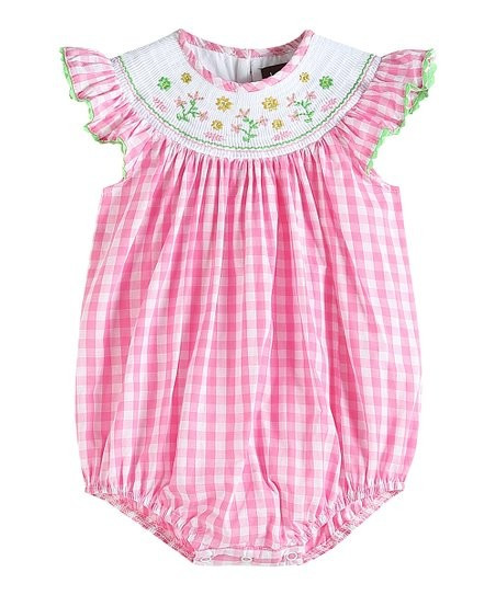 Pink Gingham Flower Embroidery Smocked Romper - Infant | Zulily