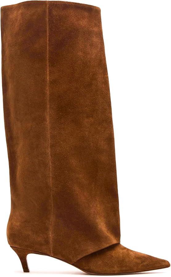 Brown Suede Knee High Boots for Women Comfortable Pull on Pointed Toe 2 Inch Kitten Heel Fold Ove... | Amazon (US)