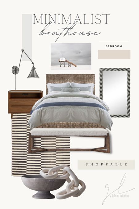 This design board, curated by our design firm, brings a minimalist approach to a boathouse-inspired bedroom. The atmosphere created is filled with an elevated moody elegance and some details that speak of long summer evenings at the boathouse. 