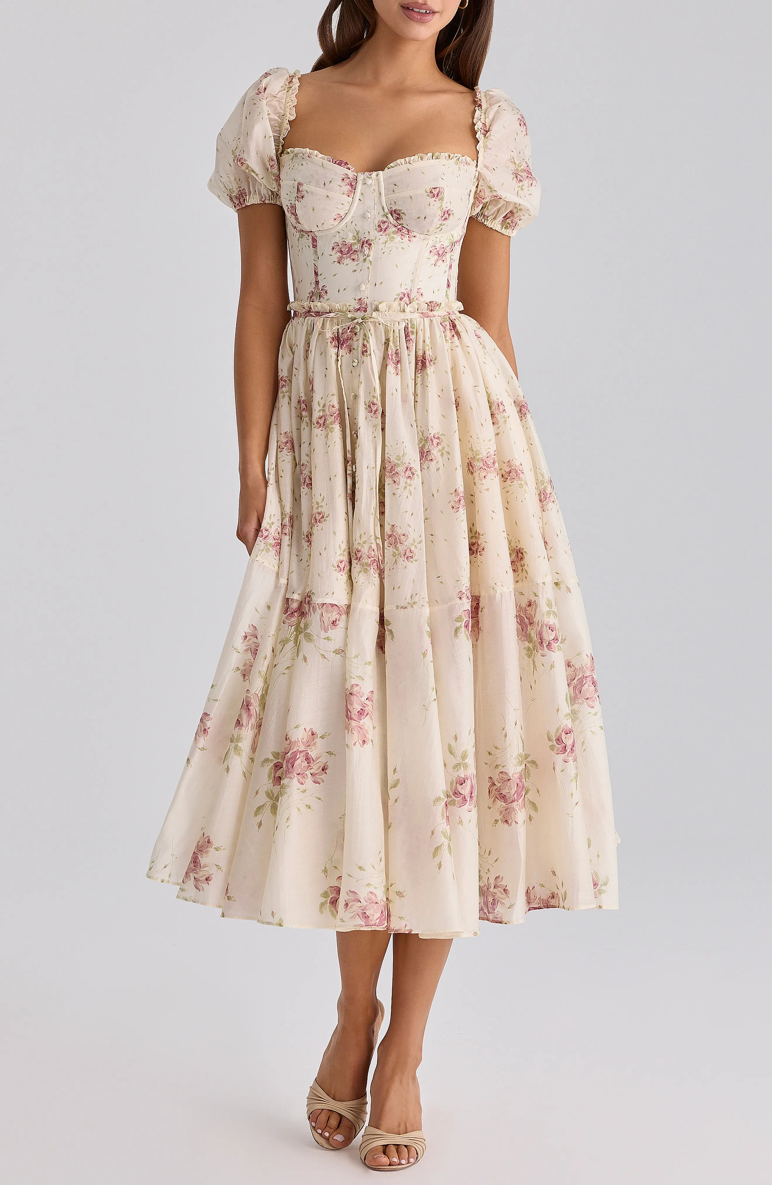 HOUSE OF CB Penelope Floral Puff Sleeve Corset Chiffon Midi Dress in Ivory Vintage Rose Print at Nordstrom, Size Medium A | Nordstrom