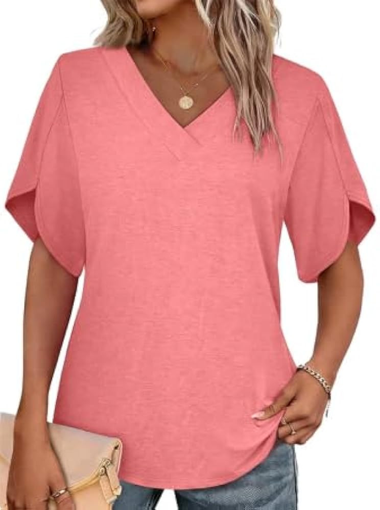 Womens Tops Summer Short Petal Sleeve T Shirts V Neck Business Casual Outfits Fashion Clothes 202... | Amazon (US)