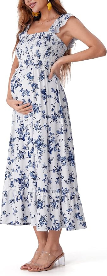 SUNNYBUY Summer Maternity Maxi Dress, Floral Pregnancy Dress with Smocked Bodice Ruffle Sleeves f... | Amazon (US)