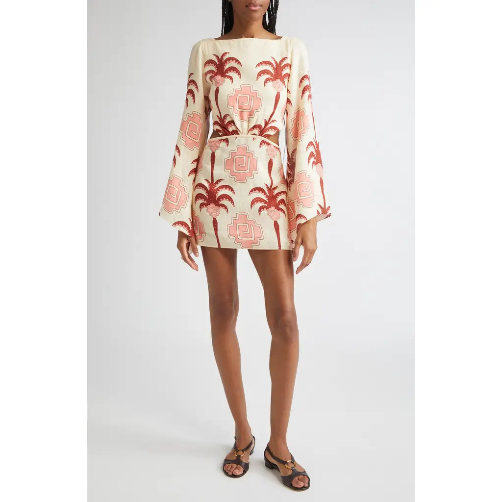 Johanna Ortiz Wave After Wave Long Sleeve Linen Minidress in Ecru /Paprika/Light Pink at Nordstrom, Size 10 | Nordstrom