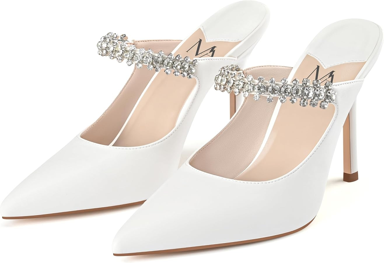 MIRAAZZURRA Women Heeled Mules Rhinestone Strappy Pointed Toe Mules Stiletto High Heels Slip On B... | Amazon (US)