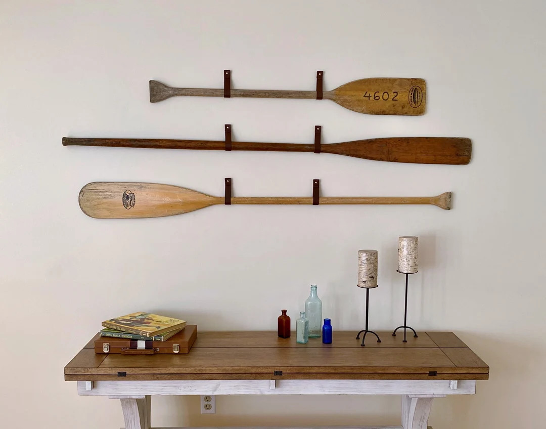 Leather Hanging Oar Wall Decor horizontal boat paddle display strap hanger canoe row hook storage... | Etsy (US)