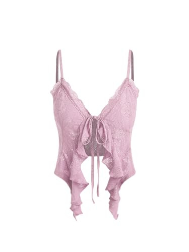 CIDER Going Out Tops for Women Y2K Tie Front Asymmetrical Ruffle Hem Lace Spaghetti Strap Cowgirl Crop Tops Pink | Amazon (US)