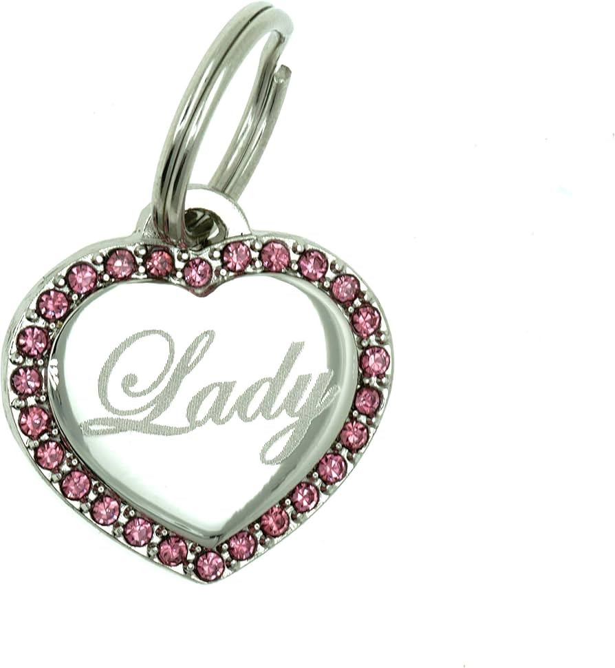 Custom Engraved Personalized Stainless Steel Small Heart Pink Rhinestones Dog Cat Pet ID Jewelry ... | Amazon (US)