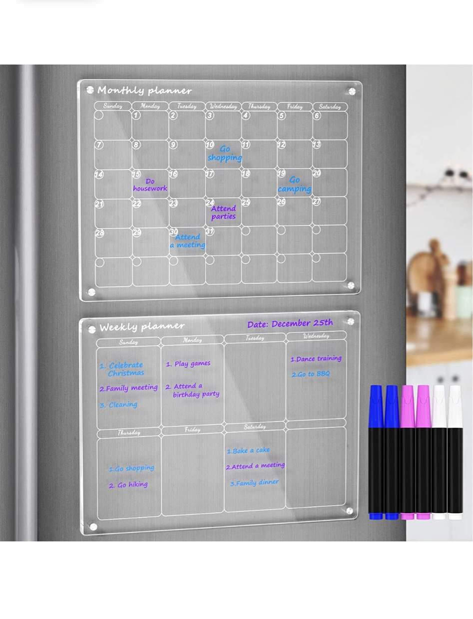 Magnetic, clear, refrigerator, calendar, weekly planner, monthly, planner, organizer, dry erase acrylic, elegant, classy organization, meal planning, meal prep, menu, container, store, kitchen, goals, organized, living puck lights, battery, operated lights, closet, lighting, kitchen, lighting, command strip, command hooks