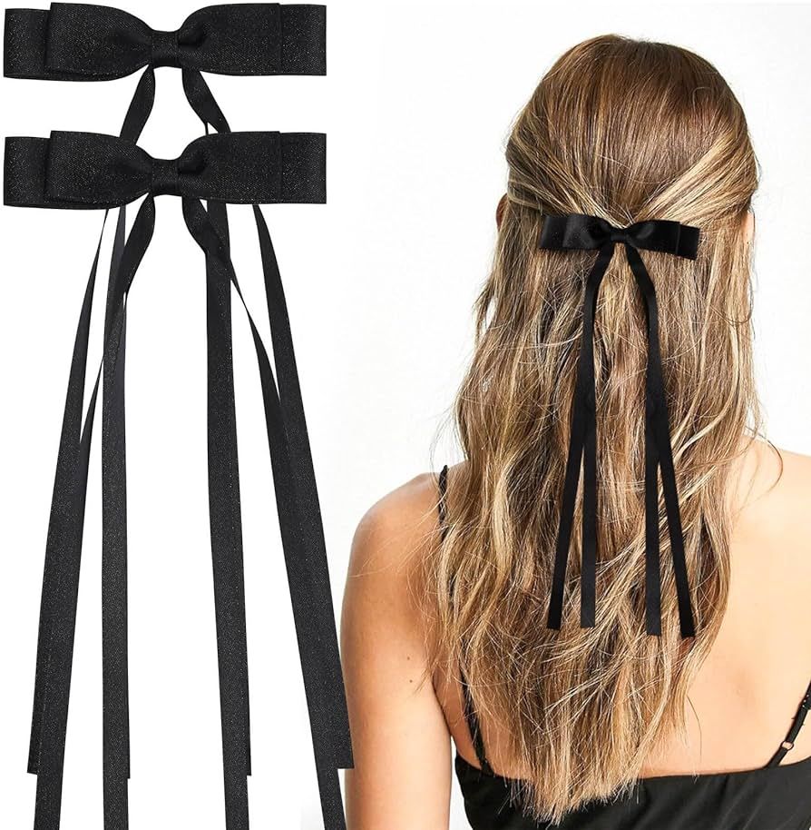 VOBOBE 2PCS Hair Bows for Women Girls, Black Tassel Ribbon Bowknot Hair Clips Barrettes for Girl wit | Amazon (US)