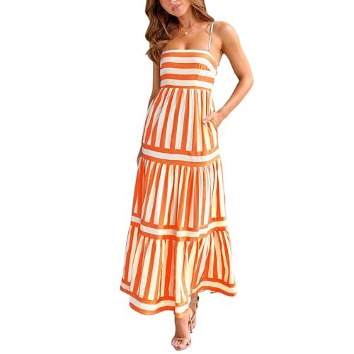 Women Striped Maxi Cami Dress Spaghetti Strap Boho Long Dress Backless Flowy Dress Summer Holiday Beach Dress Orange | Amazon (US)