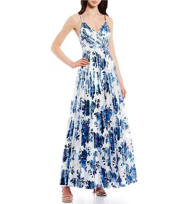 Metallic Floral Cross Back Strap Ball Gown | Dillard's